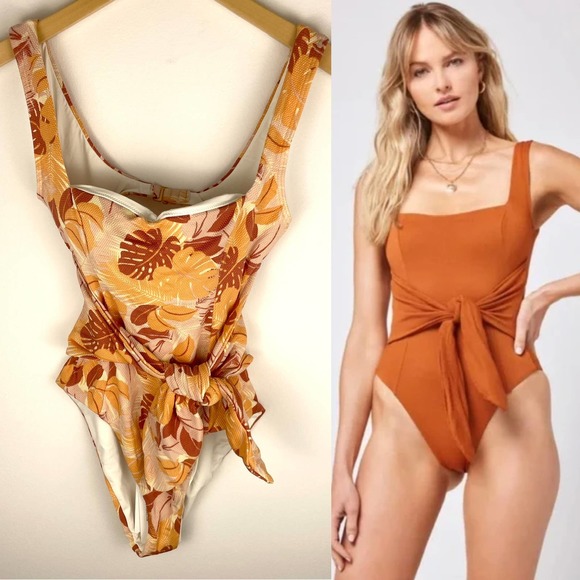 L*Space Balboa Tie Front One Piece Swimsuit In Palm Leaf Print Small New